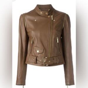 NWT MICHAEL KORS Moto Jacket Belt Convertible Vest SZ SIn LUGGAGE Leather Gold